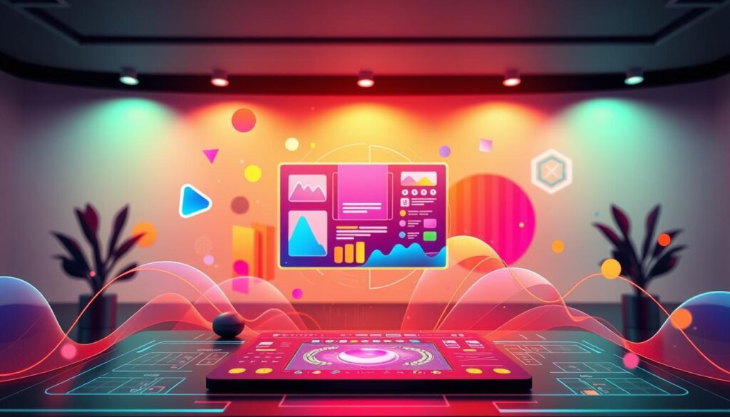 A captivating interactive content illustration showcasing vibrant colors, dynamic shapes, and engaging visual elements. The foreground features a central focal point of an eye-catching interactive interface, complete with intuitive controls, clickable icons, and responsive animations that draw the viewer in. The middle ground depicts a playful blend of abstract geometric patterns, gradient backgrounds, and fluid transitions, creating a sense of interactivity and user engagement. The background offers a minimalist, yet visually striking, setting with subtle lighting effects and a clean, modern aesthetic. The overall composition conveys a sense of digital interactivity, user-friendliness, and content that truly captures the audience's attention and drives meaningful engagement.