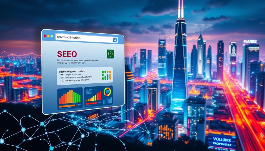A vibrant, digital landscape showcasing the optimization of search engine optimization (SEO). In the foreground, a stylized web browser window displays a search engine results page, featuring bold, colorful graphics and infographics highlighting key SEO metrics and strategies. In the middle ground, a network of interconnected data streams and algorithms flows dynamically, representing the intricate behind-the-scenes processes of organic traffic generation. The background depicts a futuristic cityscape, with towering skyscrapers and glowing, neon-lit streets, symbolizing the vast, ever-evolving digital world. The overall composition conveys a sense of high-tech sophistication, efficiency, and the power of optimized online presence.