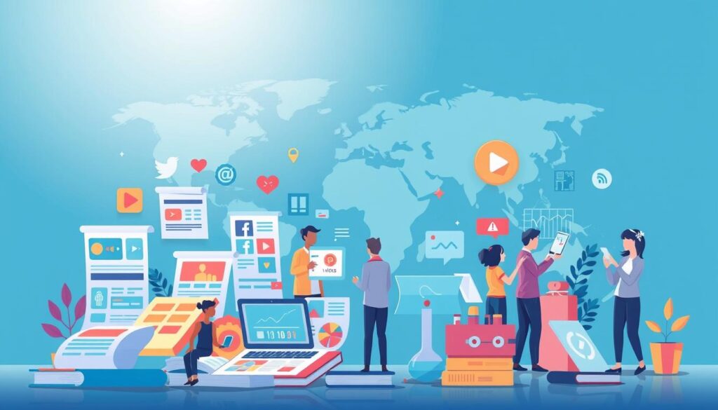 A vibrant, visually engaging illustration depicting the key strategies of content marketing. In the foreground, a dynamic arrangement of content assets - blog posts, social media posts, videos, and infographics - each showcasing a distinct marketing technique such as thought leadership, storytelling, and customer education. The middle ground features a team of diverse content creators, strategists, and analysts collaborating to ideate, produce, and analyze the effectiveness of the content. In the background, a stylized world map and data visualization elements allude to the global reach and data-driven nature of modern content marketing. Soft, directional lighting from the top left casts an energetic, professional atmosphere. The overall composition conveys the collaborative, multi-faceted nature of successful content marketing strategies.