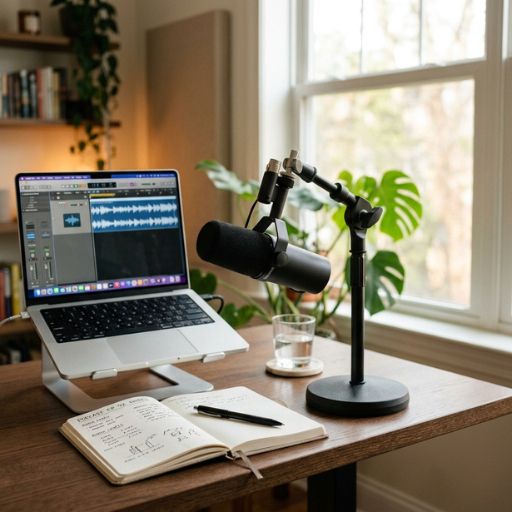 Setup limpo de gravação de cursos online mostrando a importância do áudio de qualidade em infoprodutos.