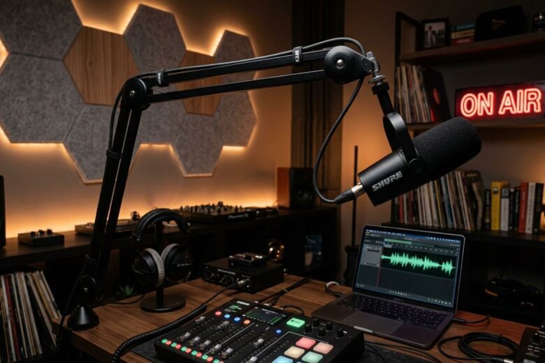Shure MV7 microfone review: O equipamento montado em um estúdio premium de podcast e gravação de cursos online.