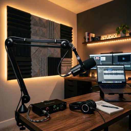 O equipamento montado em um estúdio premium de podcast e gravação de cursos online.
