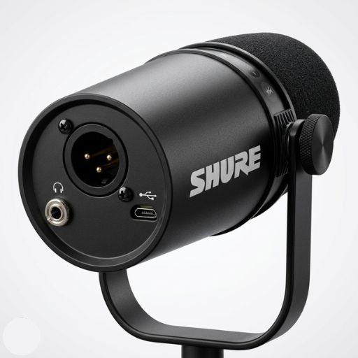 Detalhe da saída híbrida USB e XLR na base do microfone dinâmico.
