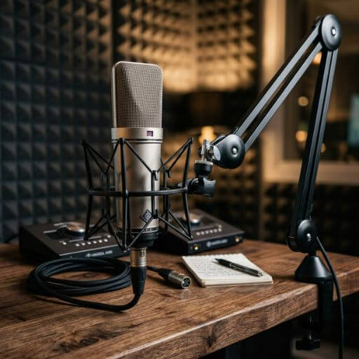 Microfone profissional e interface para gravação de áudio em vídeos.