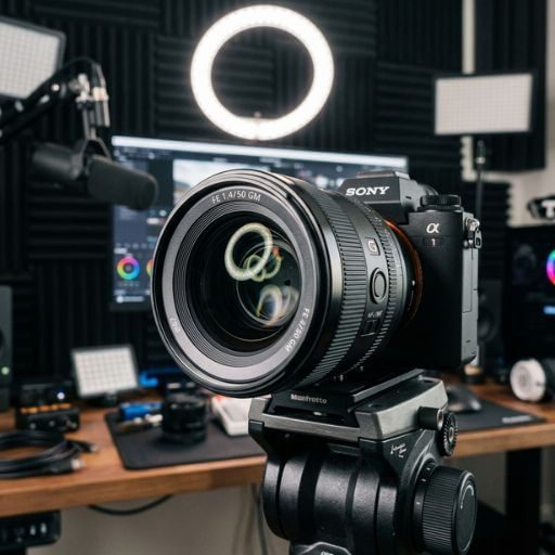 Câmera e iluminação profissional para gravação de cursos online e YouTube.