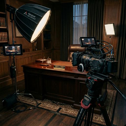 Bastidores de uma gravação profissional com câmera de cinema no tripé e softbox iluminando uma mesa executiva de madeira.