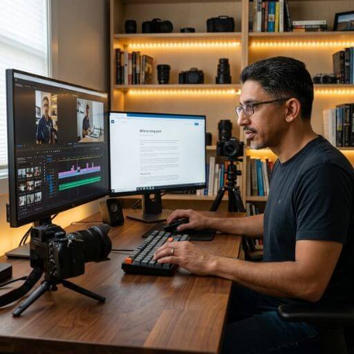 Estrategista digital editando vídeo e escrevendo artigo para blog em um estúdio com dois monitores e câmera profissional.