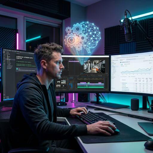 Profissional focado editando vídeos em um setup com três monitores, com uma ilustração holográfica de cérebro e engrenagens representando inteligência artificial.