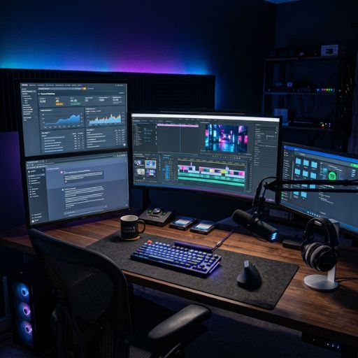 Estação de trabalho moderna e vazia com iluminação RGB, mostrando softwares de edição de vídeo e painéis de SEO em múltiplos monitores.