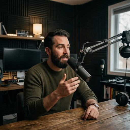 Criador de conteúdo gravando áudio com microfone profissional em um estúdio caseiro com tratamento acústico.