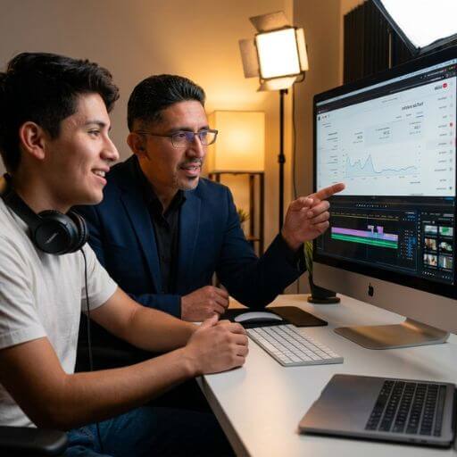Especialista em marketing ensinando um jovem criador a analisar métricas e editar vídeos em um estúdio bem iluminado.