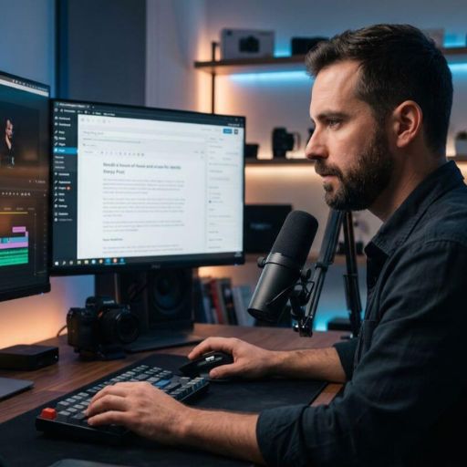 Homem concentrado editando a linha do tempo de um vídeo e revisando um texto de blog em seu estúdio de criação.