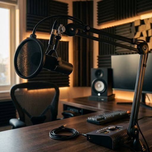 Mesa de estúdio vazia focada em um microfone dinâmico profissional com filtro pop, interface de áudio e painéis acústicos ao fundo.